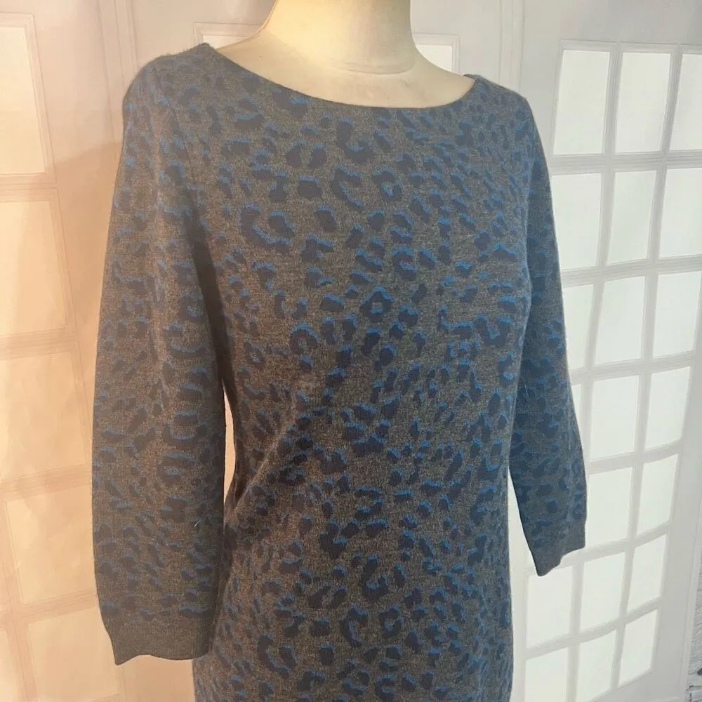 Ann Taylor Loft Womens Gray Blue Cheetah Print Knit Sweater Dress Small - Image 2