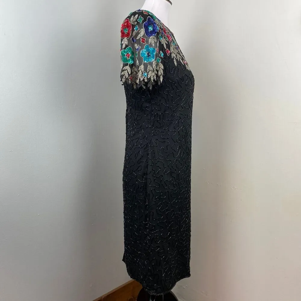 Vintage 80s Scala Black Fully Beaded Floral Silk Sheath Cocktail Dress Size 6 - Image 4