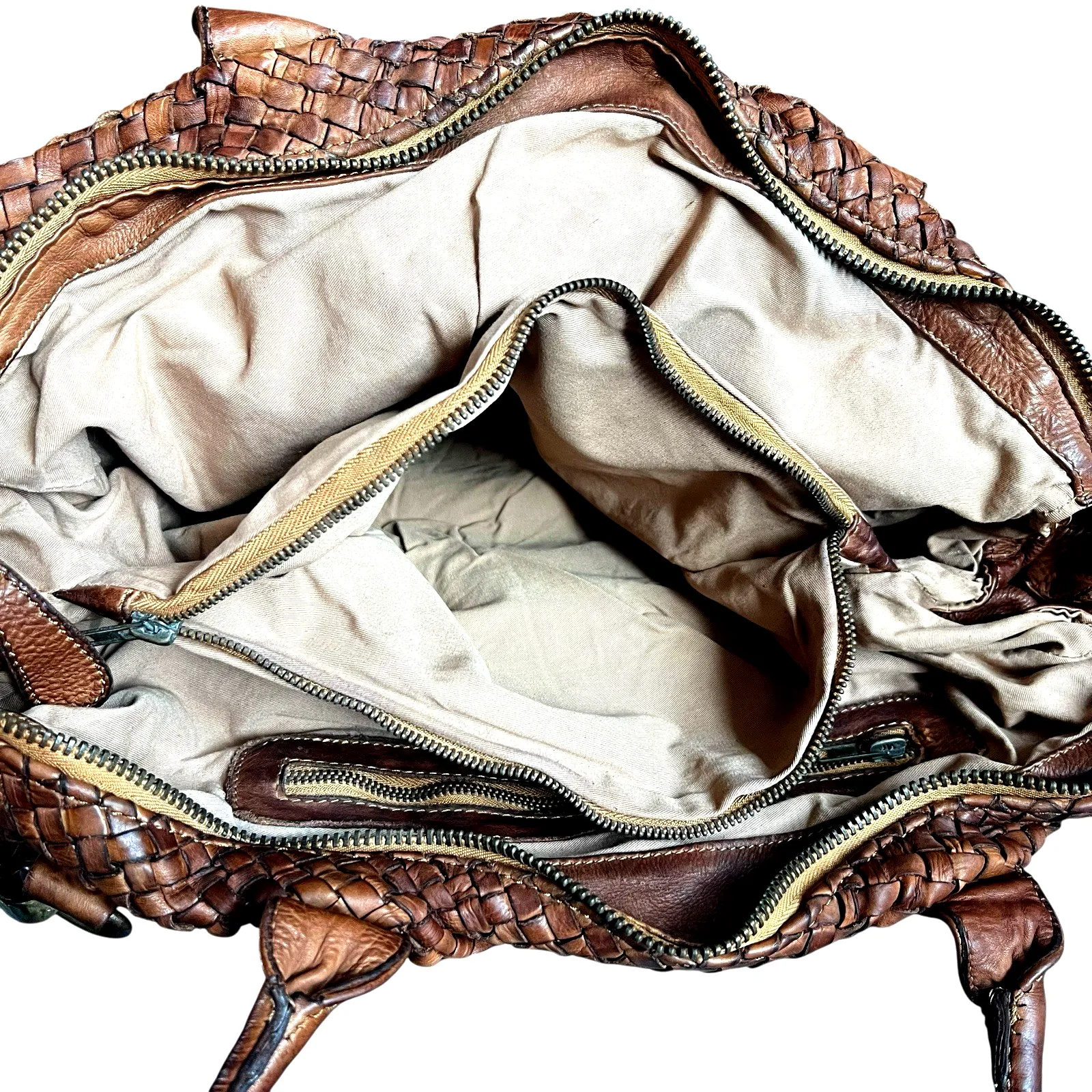 Bruno Magli Woven Leather Satchel Weekender Travel Bag Cognac Brown - Image 8