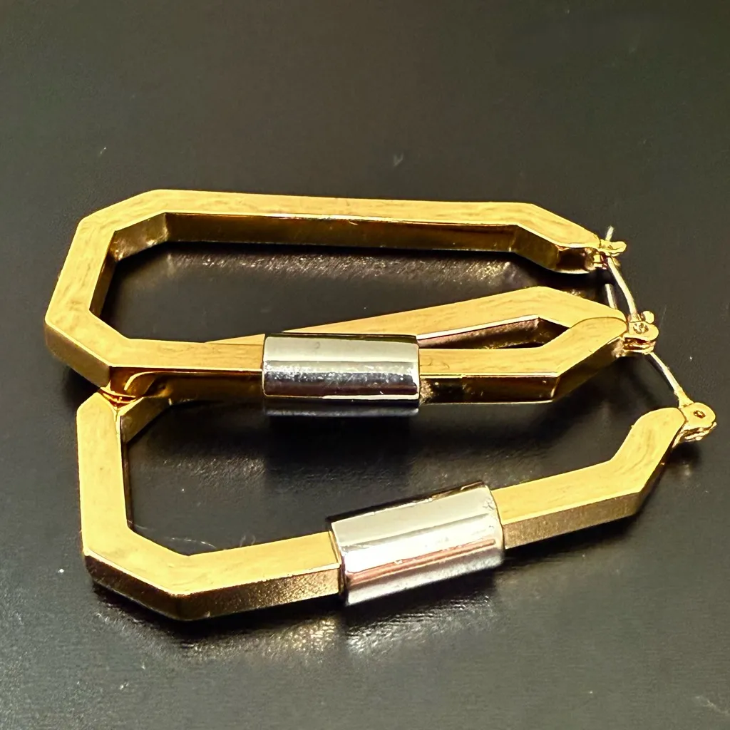 ALL SAINTS Hex Carabiner Gold & Silver-tone Hexagon Hoop Earrings 18.2g. - Image 11