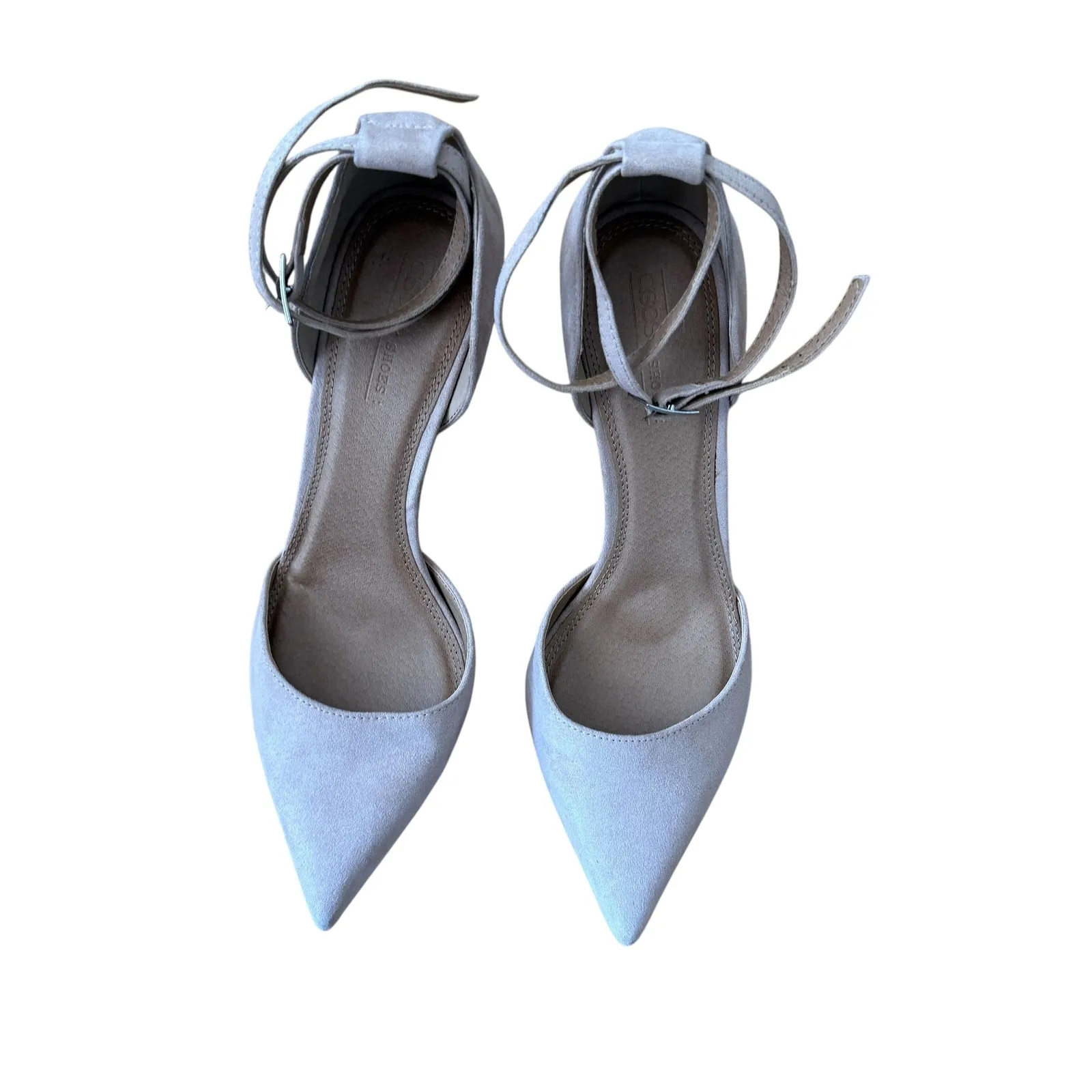 ASOS Design Beige Faux Suede Pointed Ankle Strap Block Heels Women's Size 7.5 Tan - Image 4