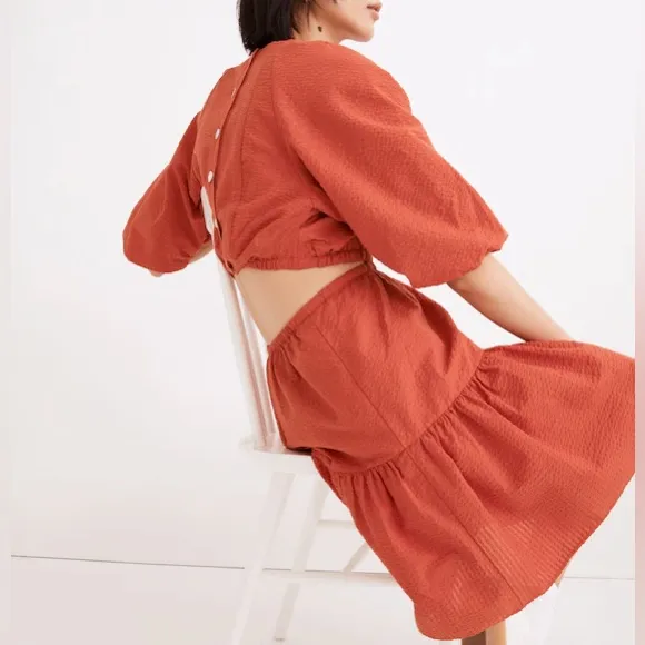 Madewell Seersucker Puff-Sleeve Cutout Mini Dress Size XXL - Image 3