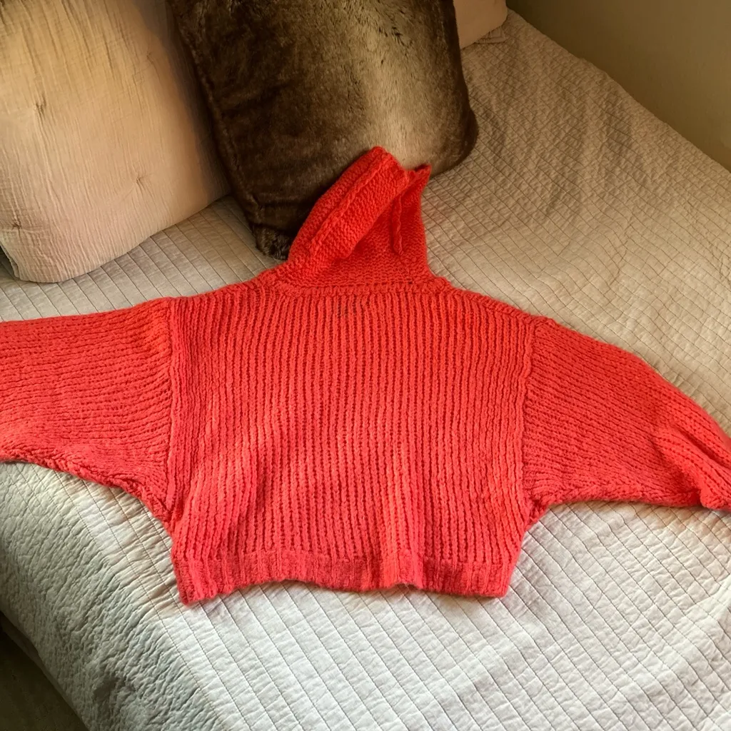 Anthro Pilcro Zamora chunky bright coral cowl neck oversized wool sweater XS - Image 6
