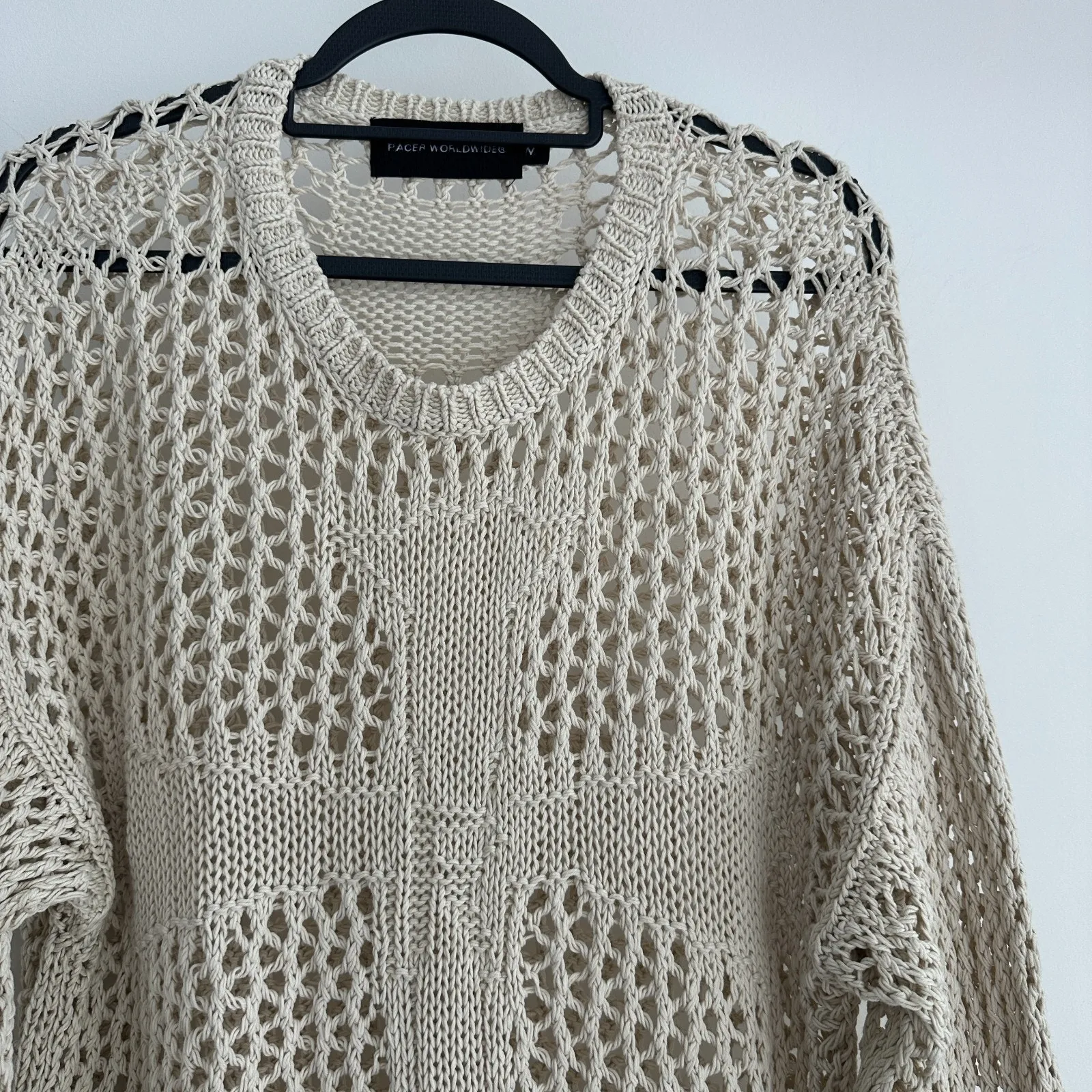 Racer Worldwide Cross Net Sweater Womens Medium Beige Cream Crochet Open Knit - Image 4