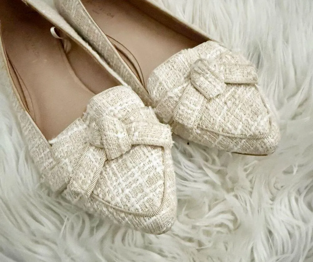 ANN TAYLOR | Textile Upper Plaid Off White Tan Bow Loafers Tweed Flats | 8.5 - Image 3