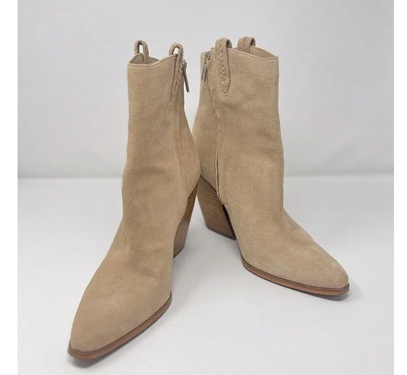 Sam Edelman Boots Beige Leather Agnes Stacked Heel Ankle Bootie Western US 10 M - Image 3