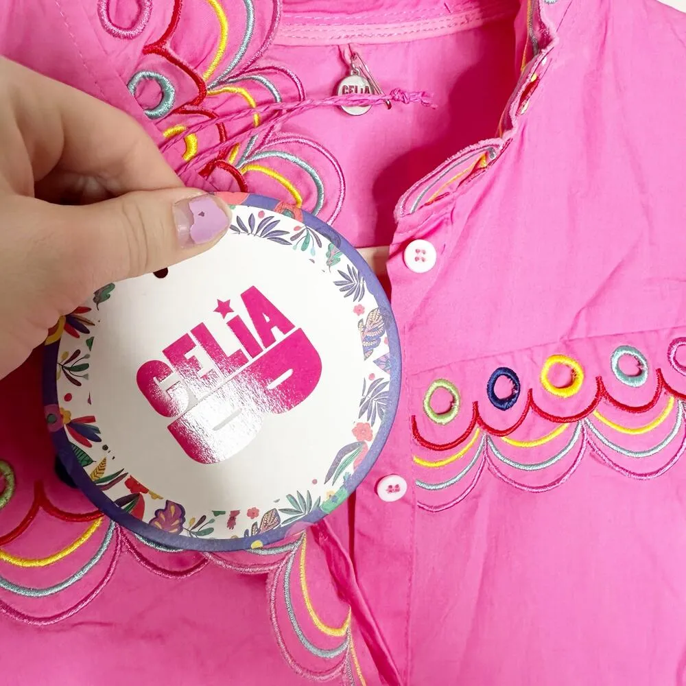 CeliaB Alvis Fuschia Pink Scalloped Edge Tiered Midi Shirt Dress XS $400 - Image 7