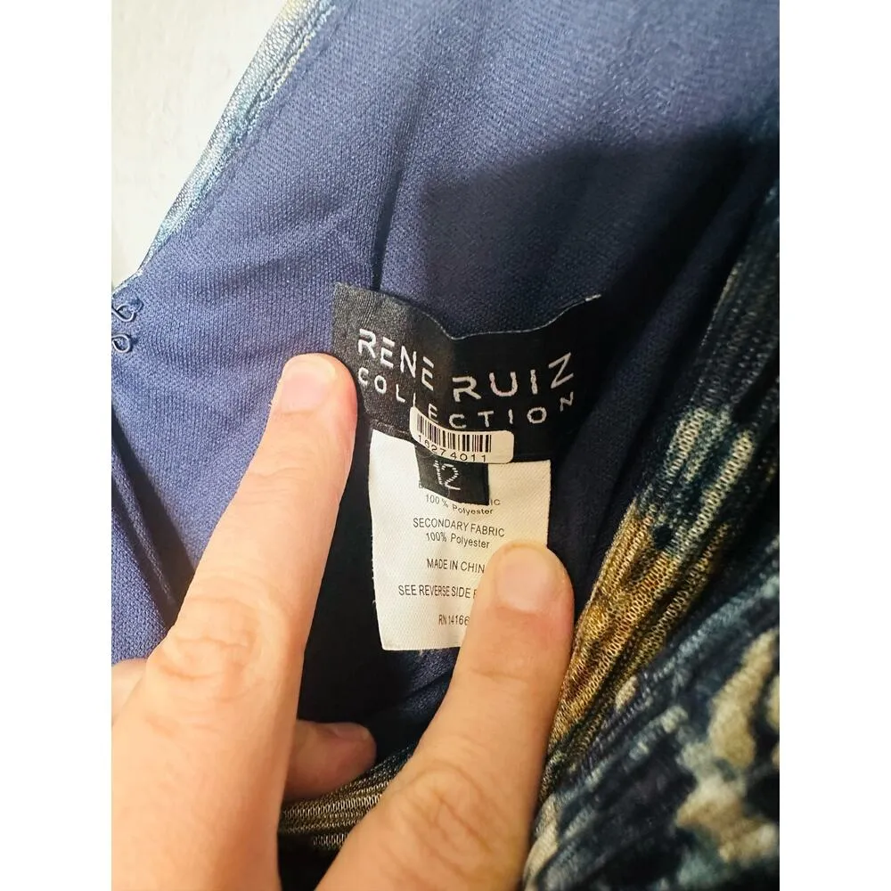 RENE RUIZ COLLECTION Blue Gold Swirled Floral Flowing Tiered Boho Maxi Dress 12 Black - Image 15