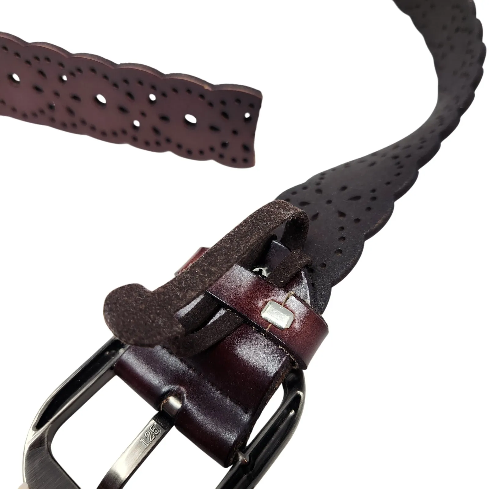 Brown Leather Hollow Out Decorative Travel Western Boho Buckle Belt Size Large - Image 5