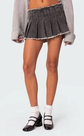 Pleated Denim Mini Skirt - Image 2