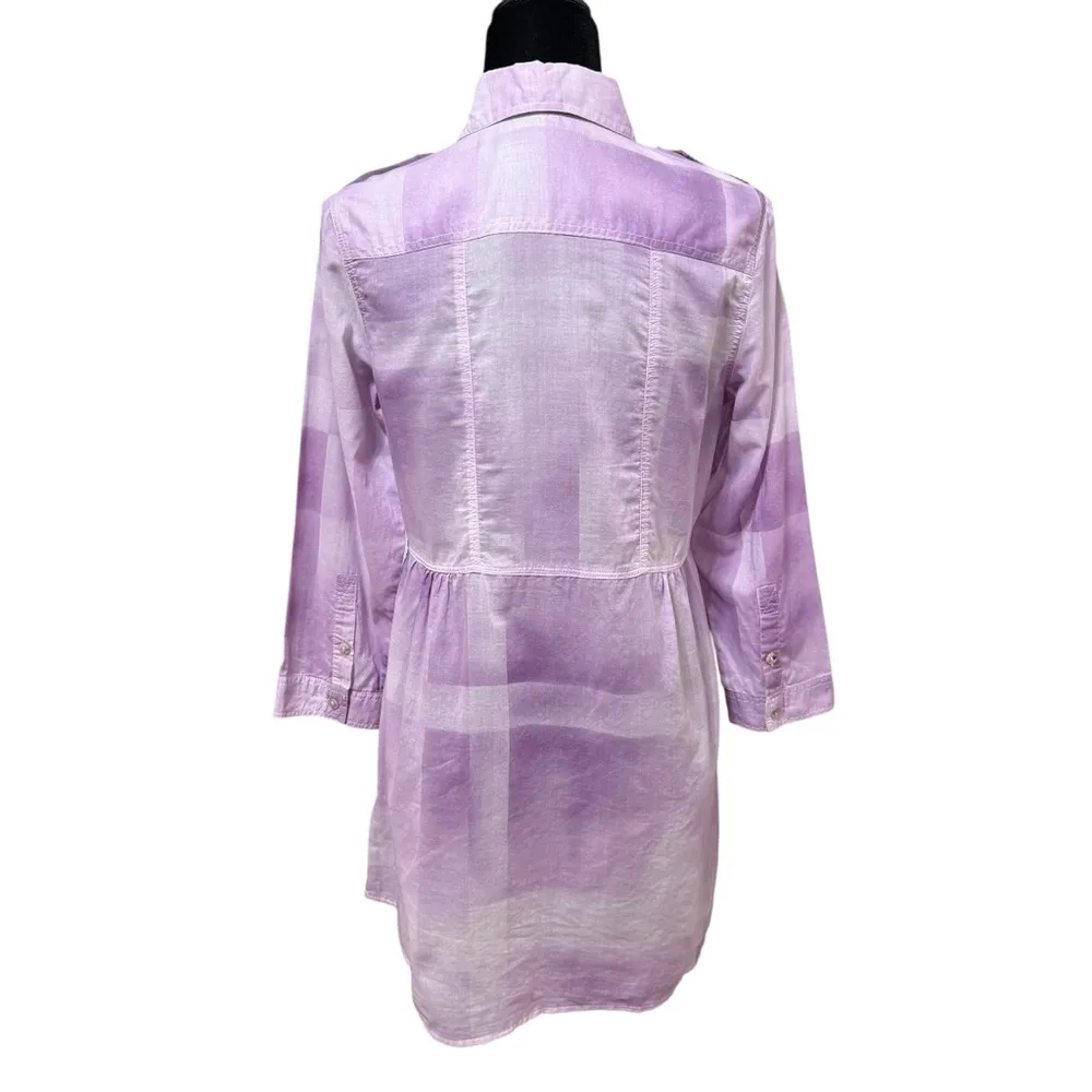 Coldwater Creek Purple Plaid Button-Up Tunic Blouse Cotton Semi Sheer Small - Image 3