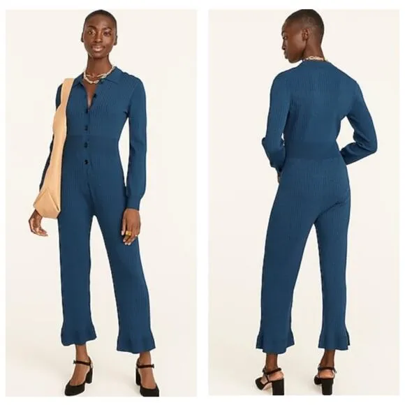 J. Crew Ribbed Cropped Jumpsuit Size Large Blue Long Sleeve Stretch Comfort - Image 2