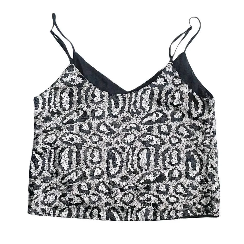 GILLI Sequin Leopard Print Crop Tank Top Camisole Black Silver Adjustable Size M Size M - Image 5