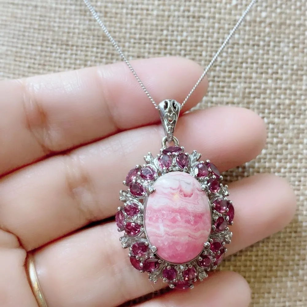 Sterling Silver 925 Oval Rhodochrosite + Rhodolite Pendant Necklace 20" Chain - Image 2