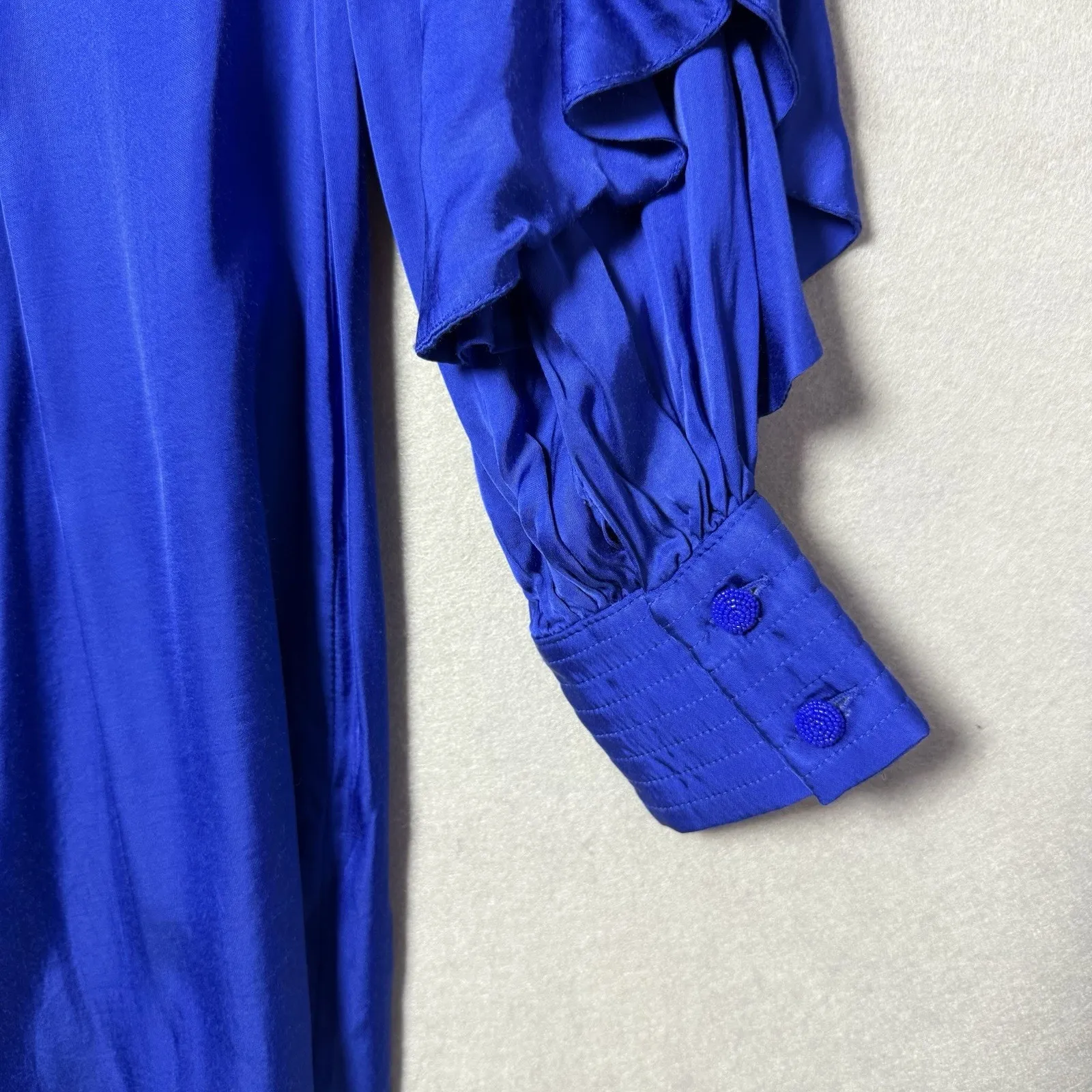 Farm Rio Mini Dress Bright Blue Open Back Ruffled Long Sleeve Women’s M - Image 7