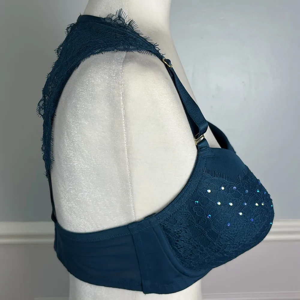 Cacique Blue Rhinestone Embellished Bra Lace Open Back Boho Balconette Sz 38D - Image 4