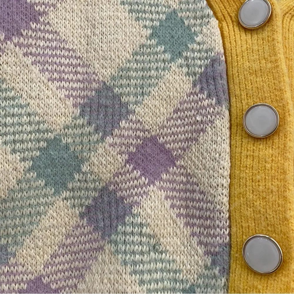 Checkered Plaid Yellow/Purple V Neck Knit Cropped Cardigan Sweater Yellow - Image 10