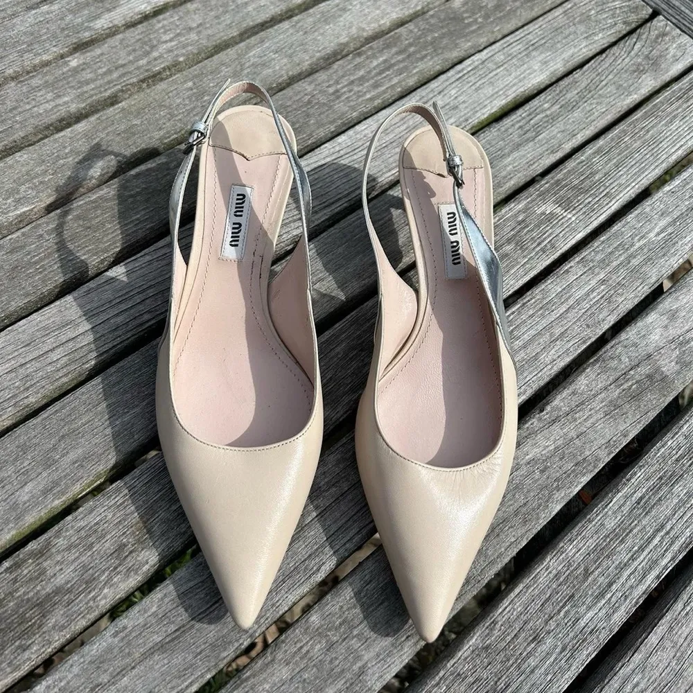 Nude Kitten-Heel Slingback Pumps by miu miu size 36 1/2  nude silver‎ 6 - Image 3