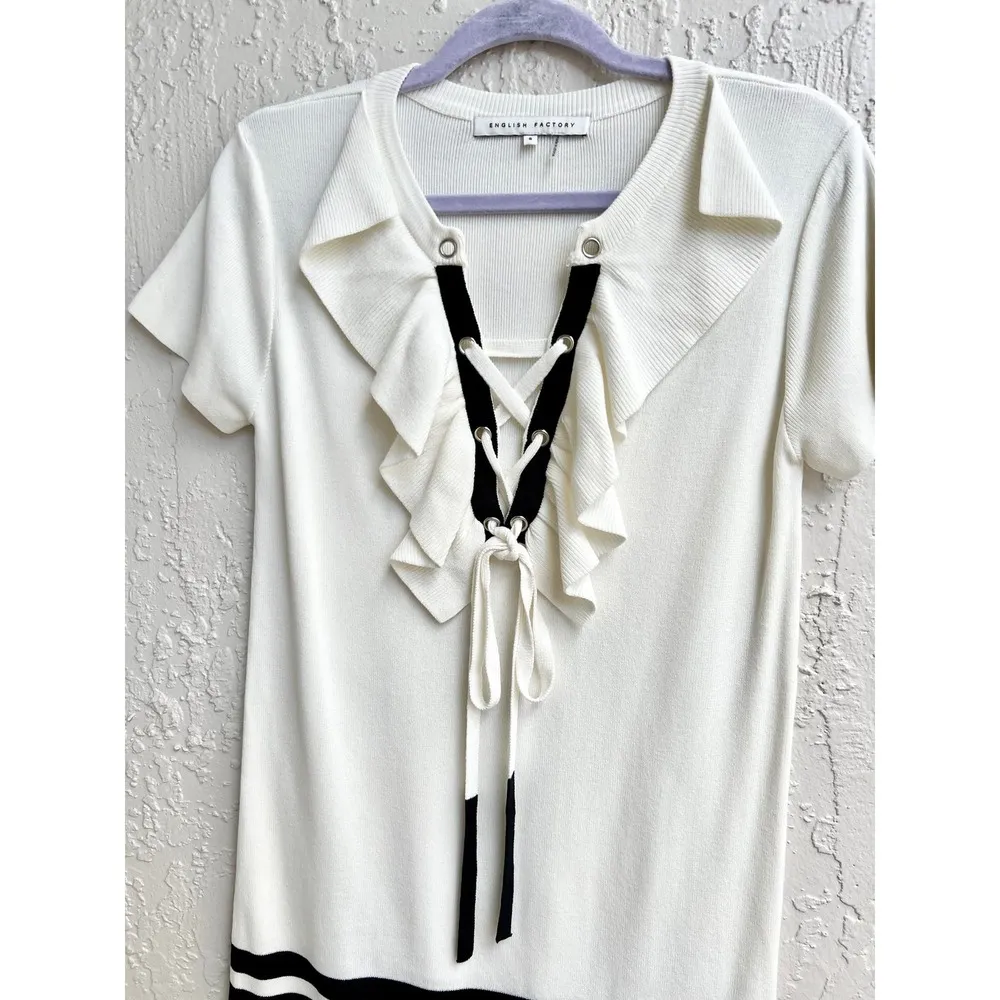 NWOT English Factory Short Sleeve Ruffle Lace Up Stripe Mini Dress White Women S - Image 4