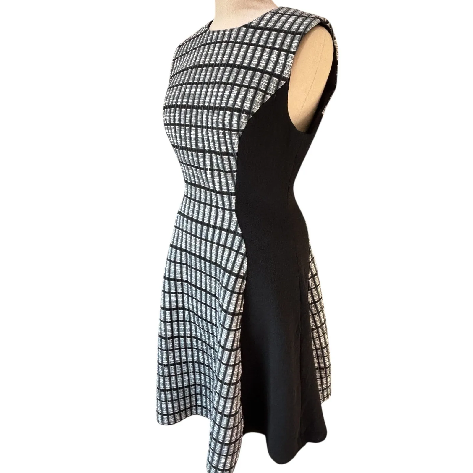 Lela Rose Black White Plaid Sleeveless Fit Flare Dress Womens Sz S Stretch Work - Image 5