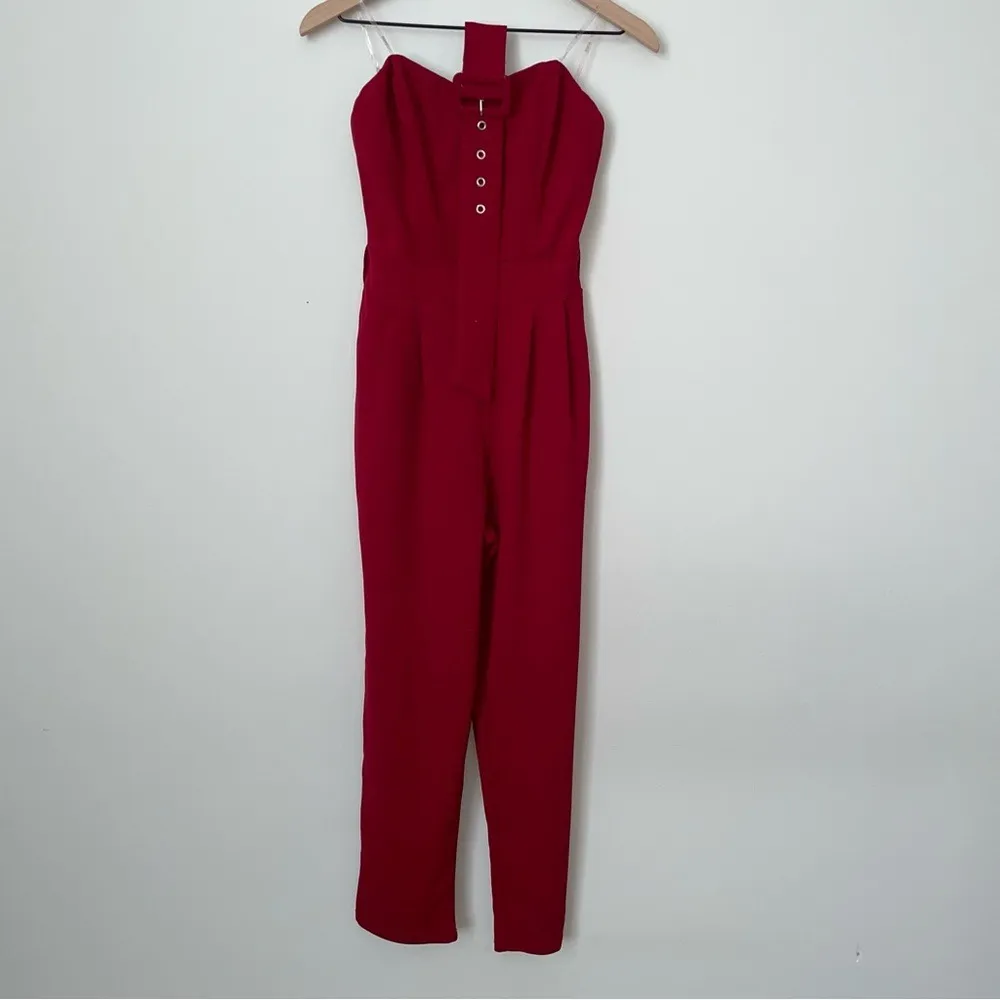 Red Strapless Jumpsuit with‎ Belt and Pockets - Image 7