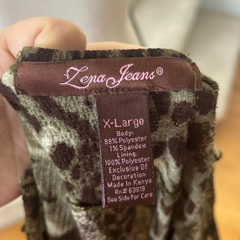 Vintage Y2K Olive Green Leopard Print Babydoll Asymmetric Hemline Beaded Tank Size XL - Image 2