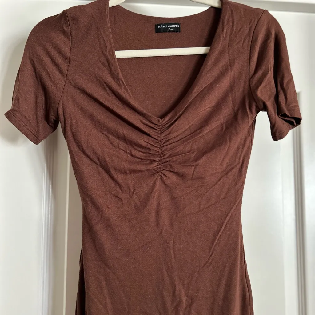 Naked Wardrobe Short Sleeve V-neck Brown Bodycon Dress Ruched Bust - Image 2