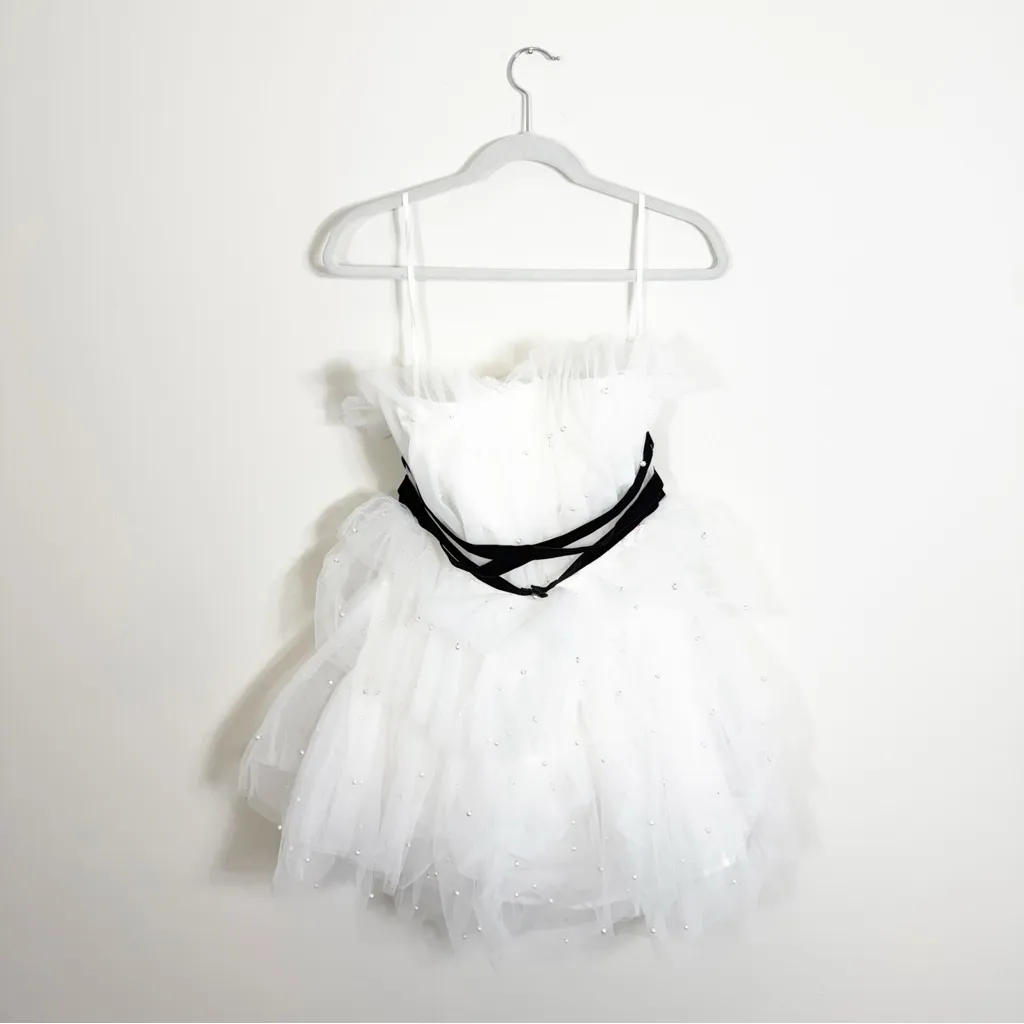 NWT Anthropologie Maeve Tiered Strapless Tulle Pearl Belted Mini Dress White 8 - Image 4