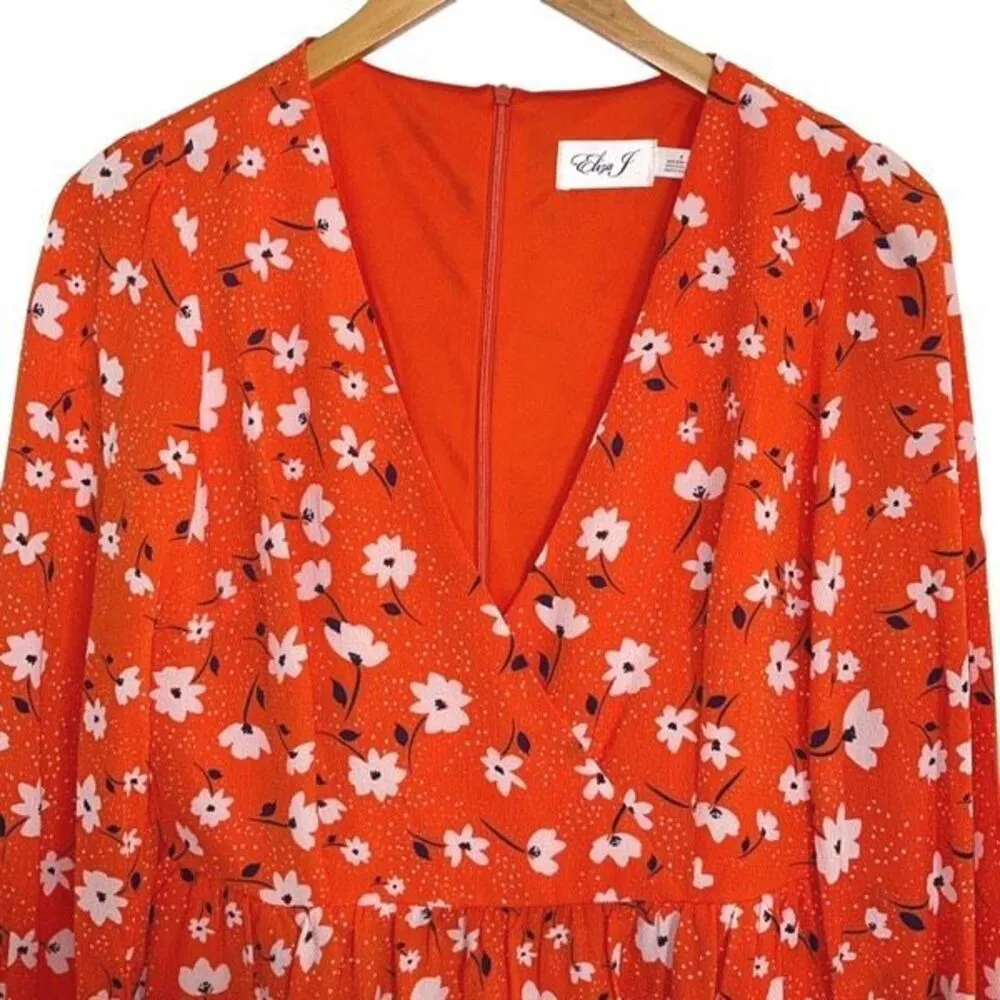 Eliza J Women's Tiered Formal Floral Soft‎ Short Dress Red Orange Size 6 - Image 4