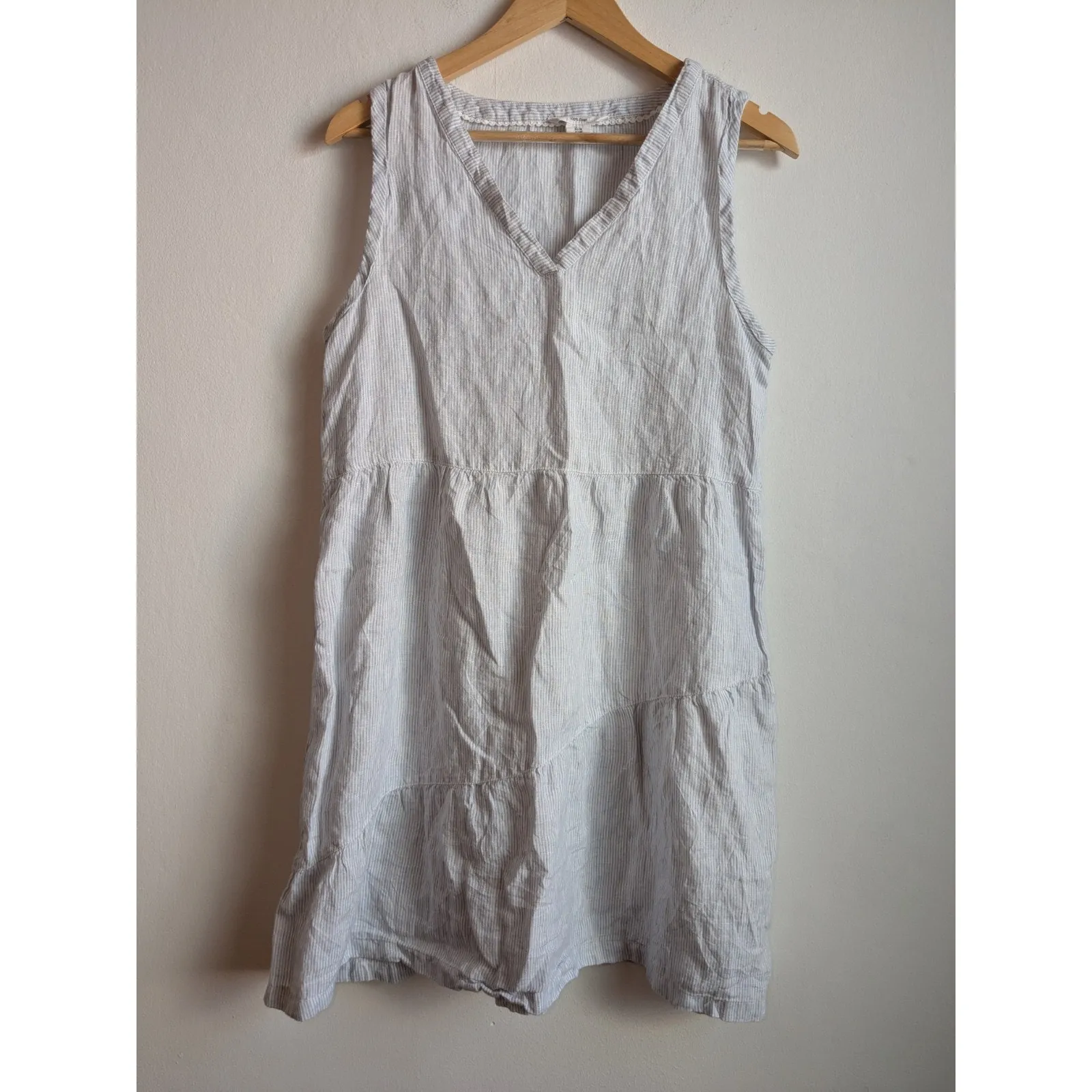 Lucky Brand Dress Linen Women’s V-Neck Sleeveless Striped Tiered Blue White Sz M - Image 3