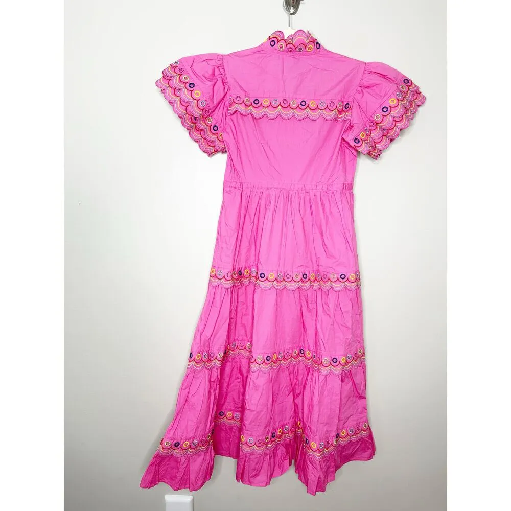 CeliaB Alvis Fuschia Pink Scalloped Edge Tiered Midi Shirt Dress XS $400 - Image 3