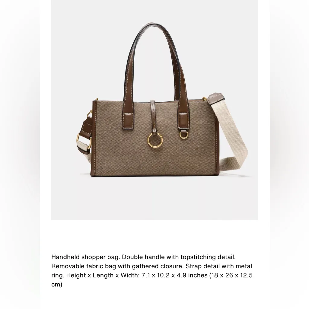 Zara NWT tan brown and taupe woven fabric shopper handbag top handle purse - Image 2