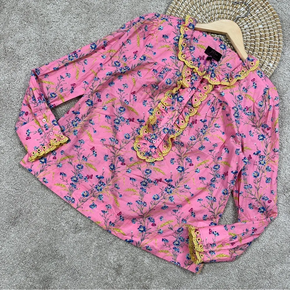 NWT J. Crew Liberty Fabric Poplin Ruffle Blouse Top Wheat Bouquet Floral Pink M - Image 5
