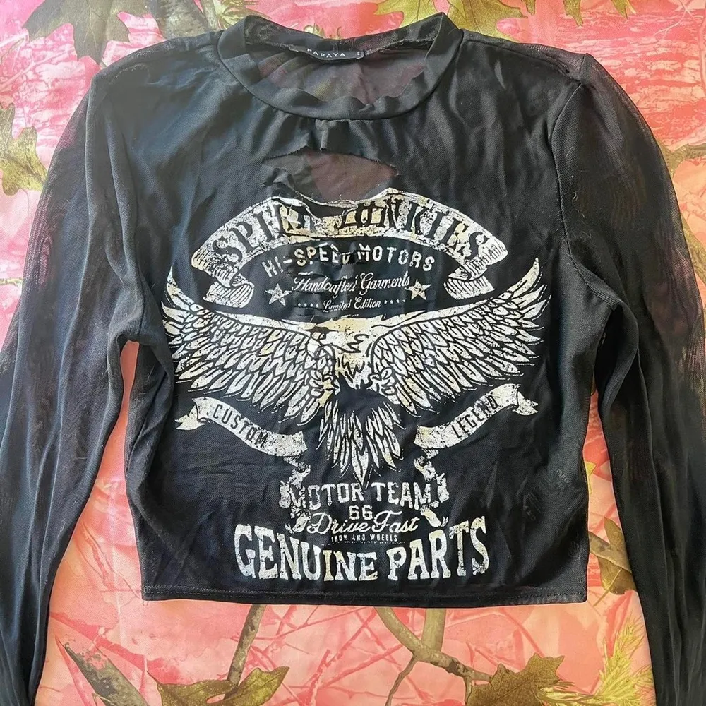 black mesh rock n roll grunge graphic cut out long sleeve crop top - Image 4