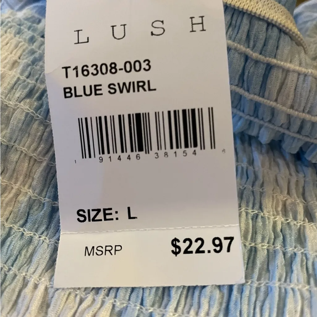 Lush Crop Top Women’s Blue White Tie Dye Smocked Large New with Tags - Image 10