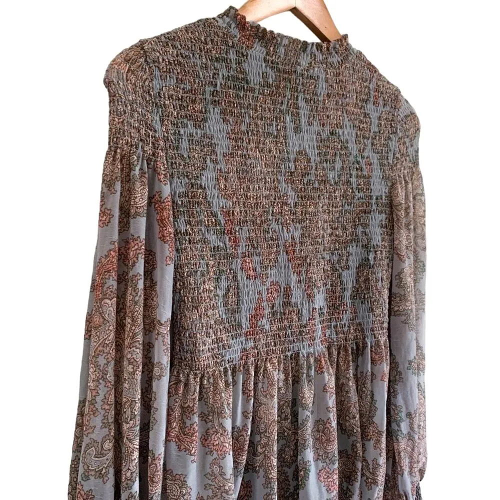 Akemi + Kin Adria Smocked Paisley Peplum Long Sleeve Top Light Blue Brown XS - Image 5