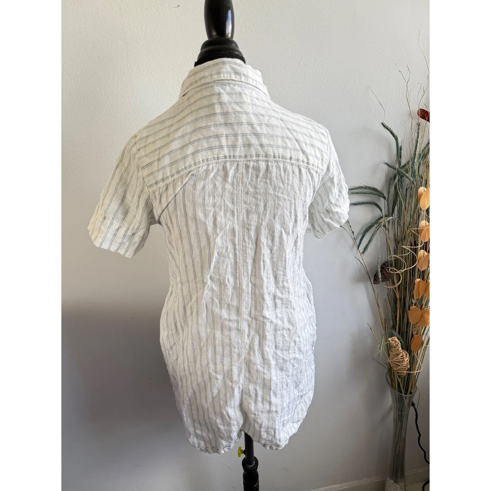 C&C California Linen Striped Short Sleeve Button Up Shirt Dress White Blue small - Image 4