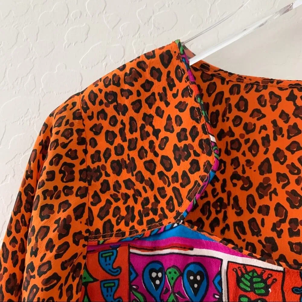 Fun Colorful Leopard Silky Tunic Bell Sleeve African Ethnic Tribal XS Orange - Image 5
