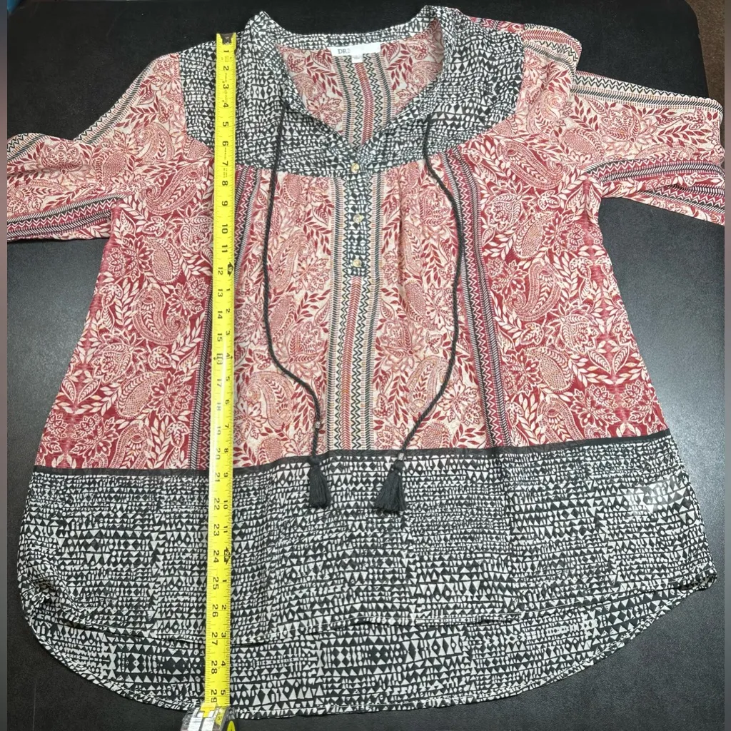 DR2 Daniel Rainn Women’s Size L Boho Sheer Tunic 1/2 Buttons & Tie Tassel Blouse - Image 5