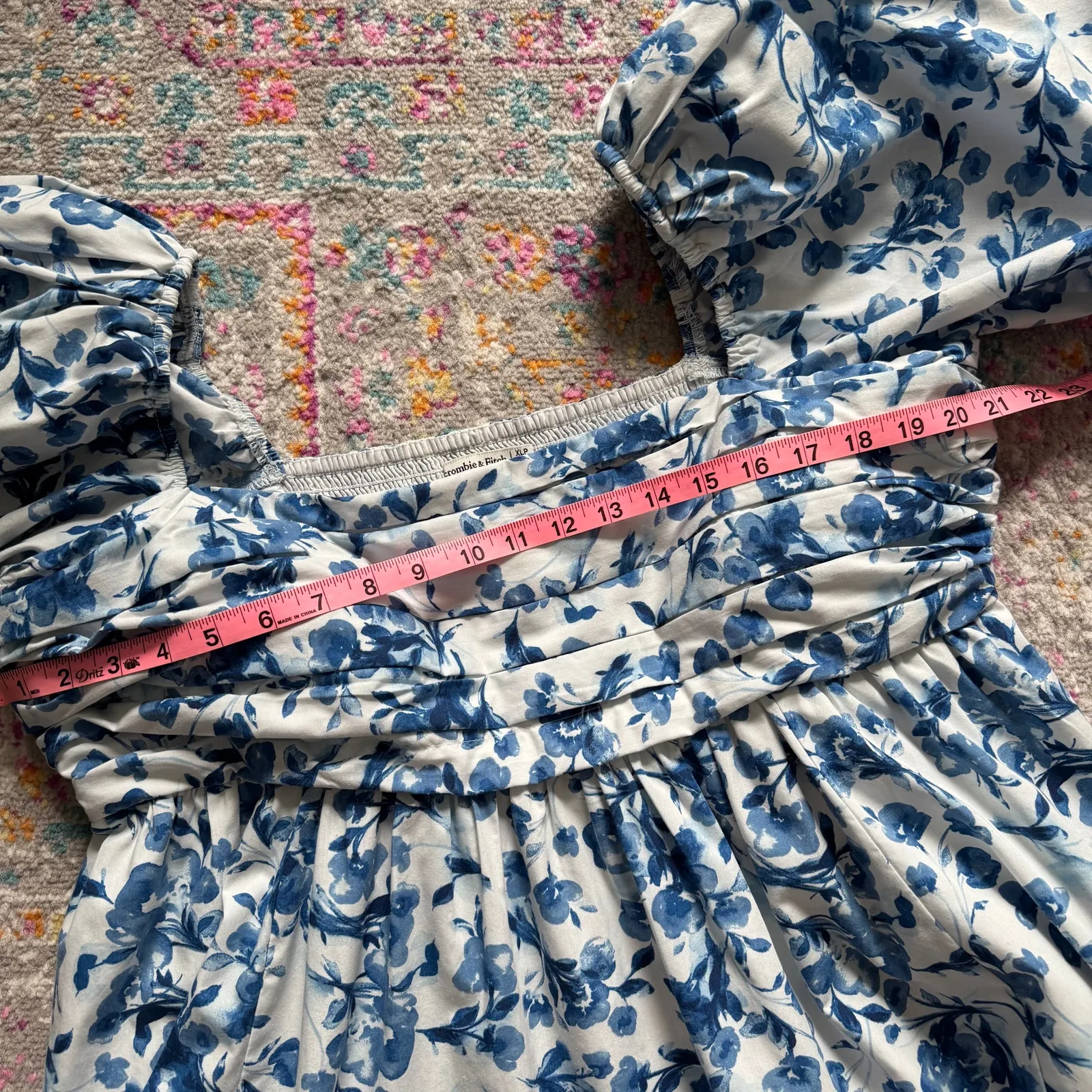 Abercrombie & Fitch Emerson Blue White Floral Short Puff Sleeves Mini Dress XLP - Image 6