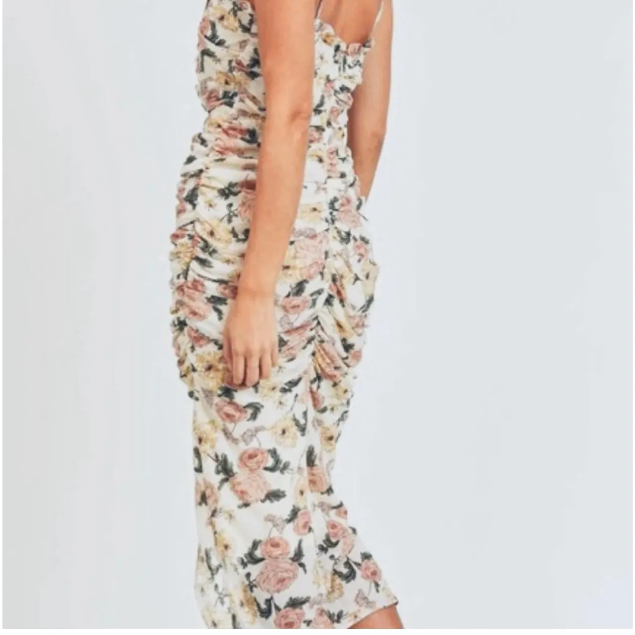 Mable Floral Print Ruched Bodycon Dress Spaghetti Strap Midi Slit - Image 9