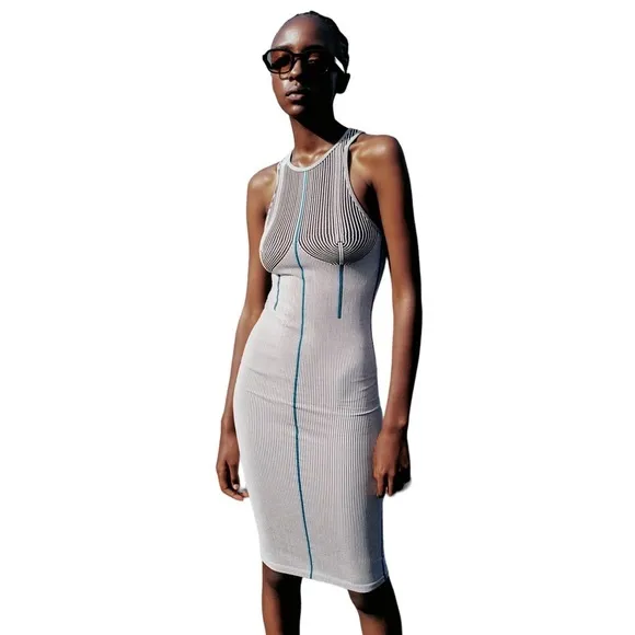 Zara Halter Ribbed Body-Con Nipple Tassel Decor Midi Dress in White/Blue - Image 41