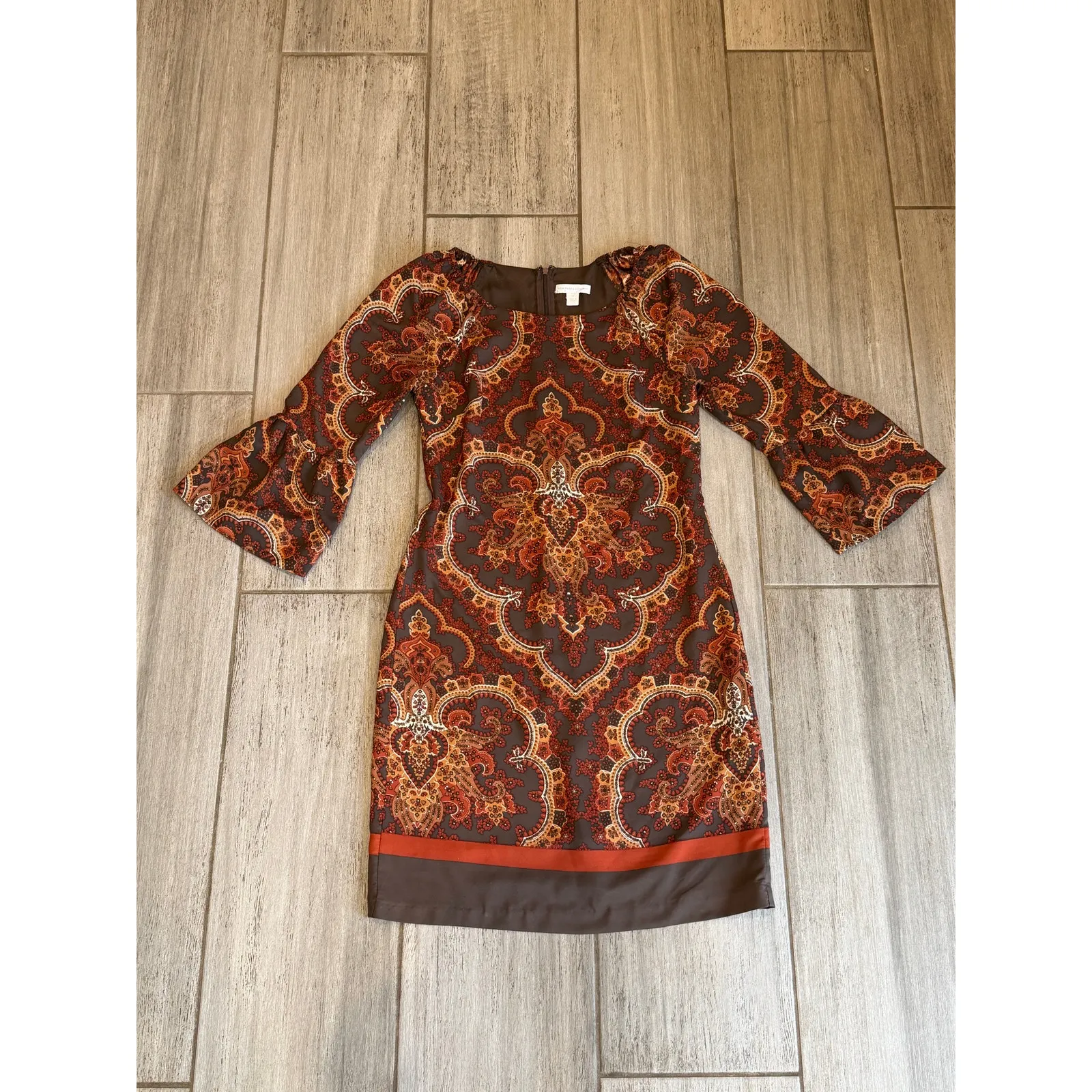 New York & Company Shift Dress Womens XS Brown Orange Paisley Bell Sleeve Boho - Image 5