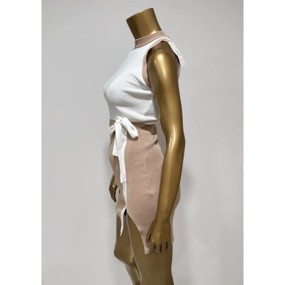 Irococo Women's Khaki/Ivory Knit Sleeveless Mini Dress with Bow Tie Size S Tan - Image 2