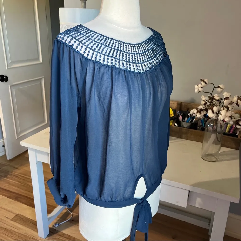 Potters Pot Navy Blue Blousey Shirt Womens Small Tie Top - Image 10