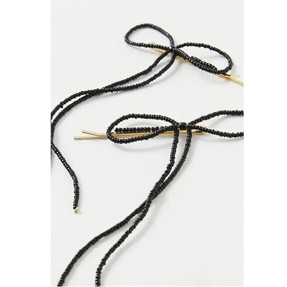 Free People Coquette Dainty Beaded Bow Bobby Pins in Black NWT Dangle - Image 3