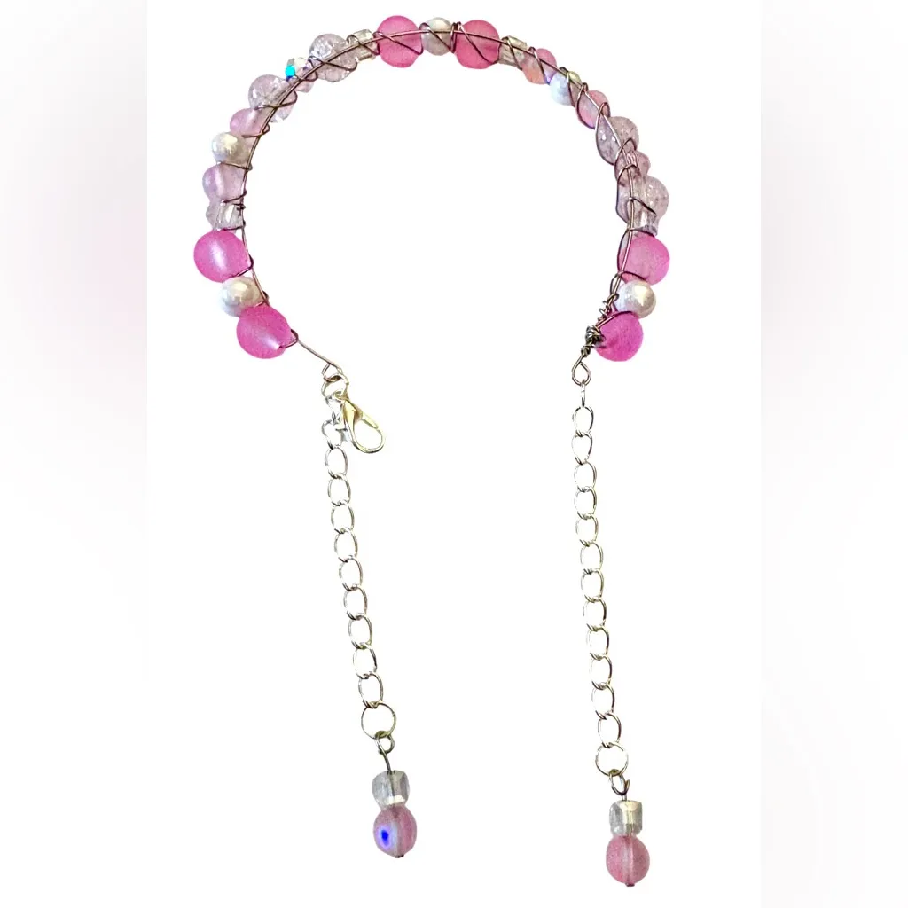 Frosted Mermaid Beads and Crystals Hand Wired Bracelet Pink - Image 6