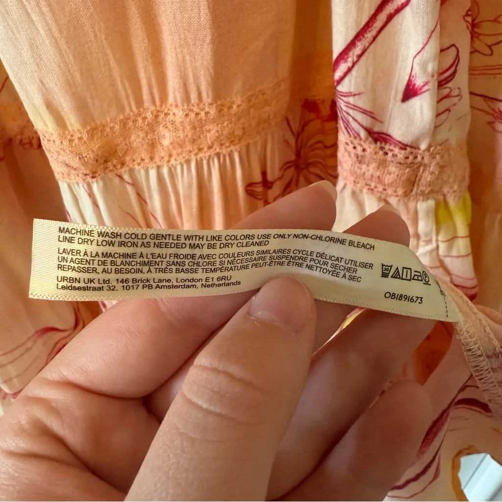 NWT Anthropologie Tiered Puff Sleeve Orange Pastel Flower Design Dress Size XL - Image 14