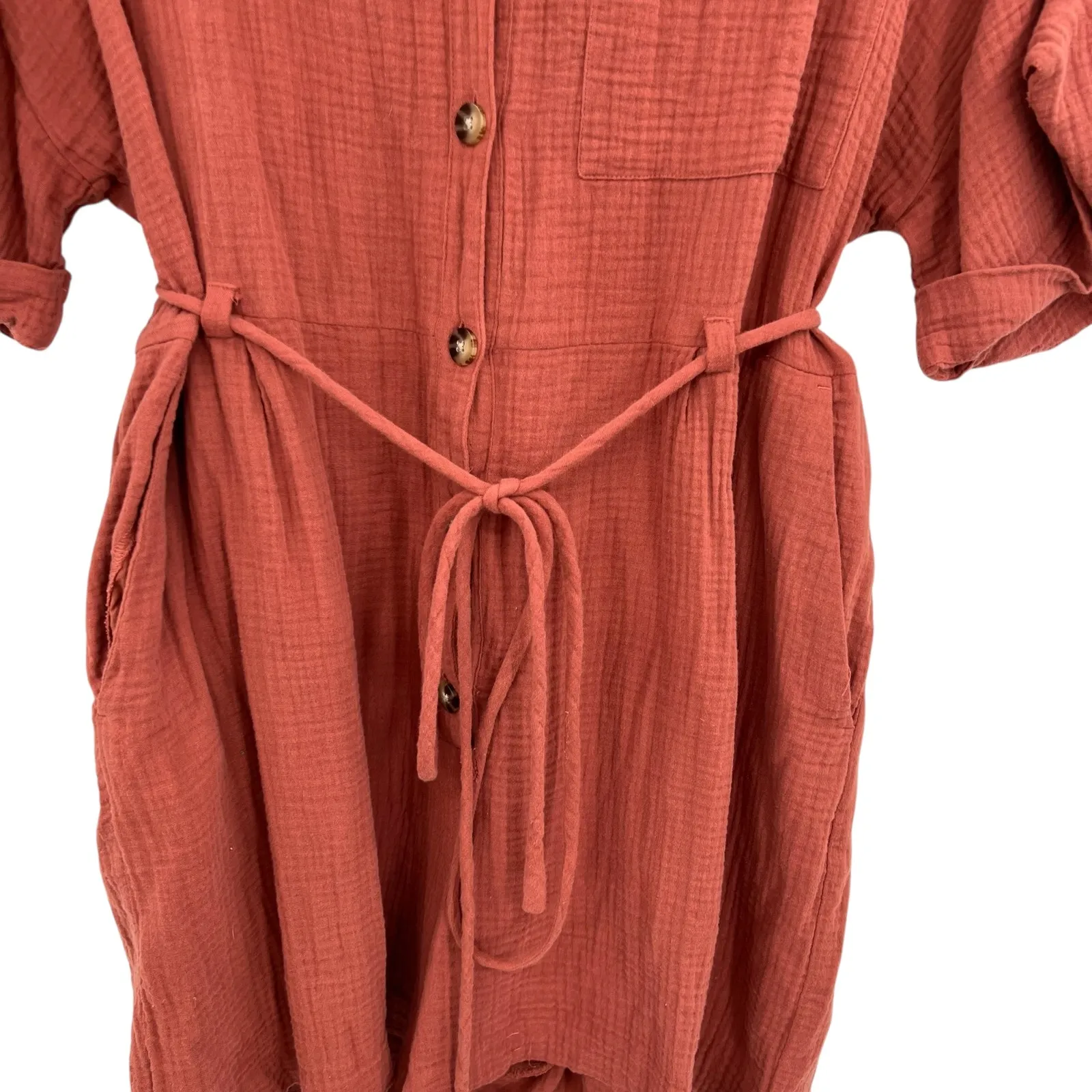 Madewell Lightspun Belted Safari‎ Romper Shorts Short Sleeve Gauze Rust Size XL - Image 6