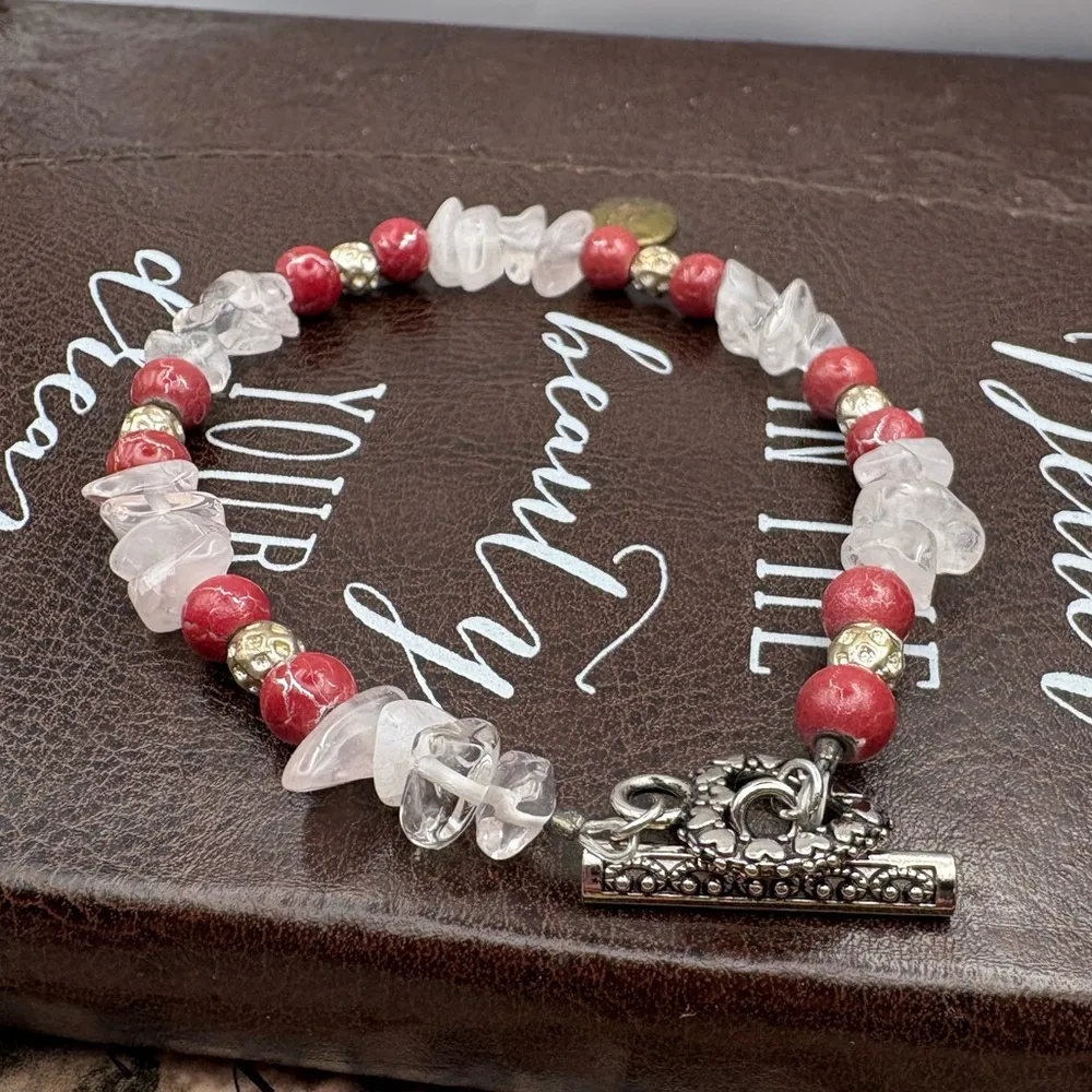 Vintage Rose Quartz Beaded Colorful Bracelet With Heart Clasp Y2K Pink - Image 6